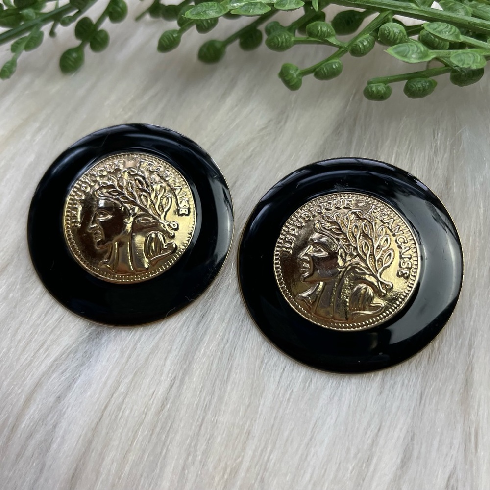 Vintage coin enamel gold tone earrings
